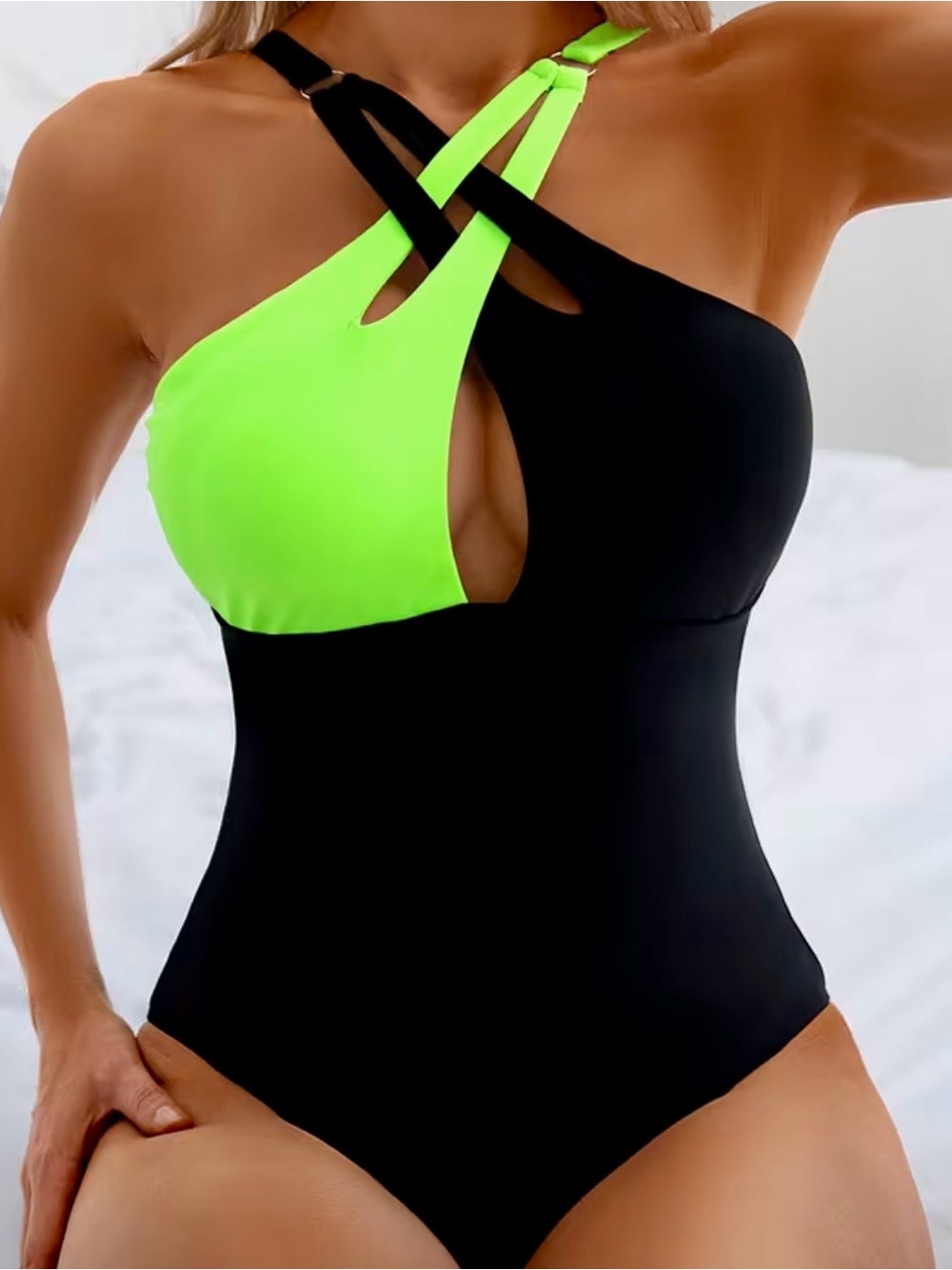 Amazon Women's One-Piece Swimsuit in Black and Lime Green with Adjustable Straps
